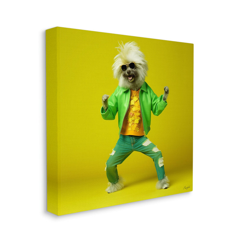 Az-163-encadré chien dansant vert par Roozbeh, Giclée encadrée noir minuit, H 17 po x l 17 po x P 1,5 po