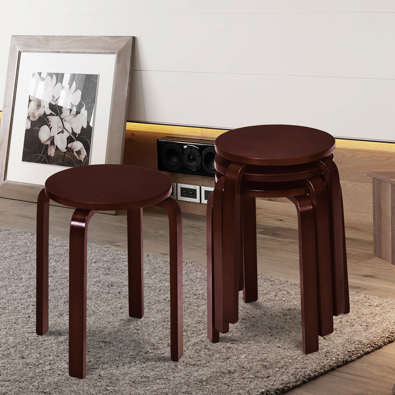 Set of 4 18" Stacking Stool Round Dining Chair Backless Wood Home Decor, Dark Brown