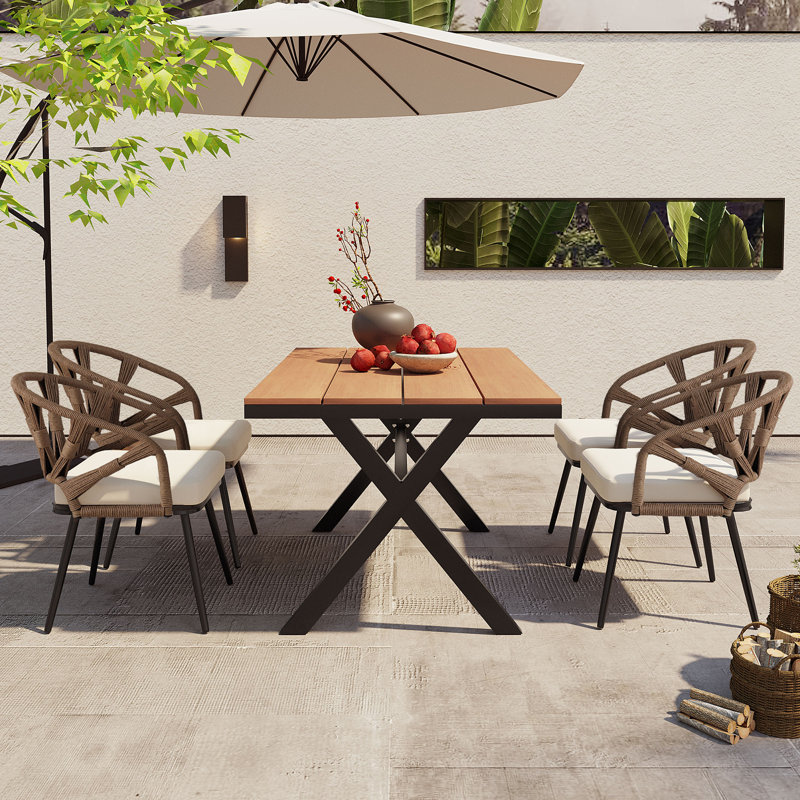 5 Pieces Patio Dining Set Wicker Outdoor Furniture Rectangular Table And Chairs Set For Garden Deck, Oak