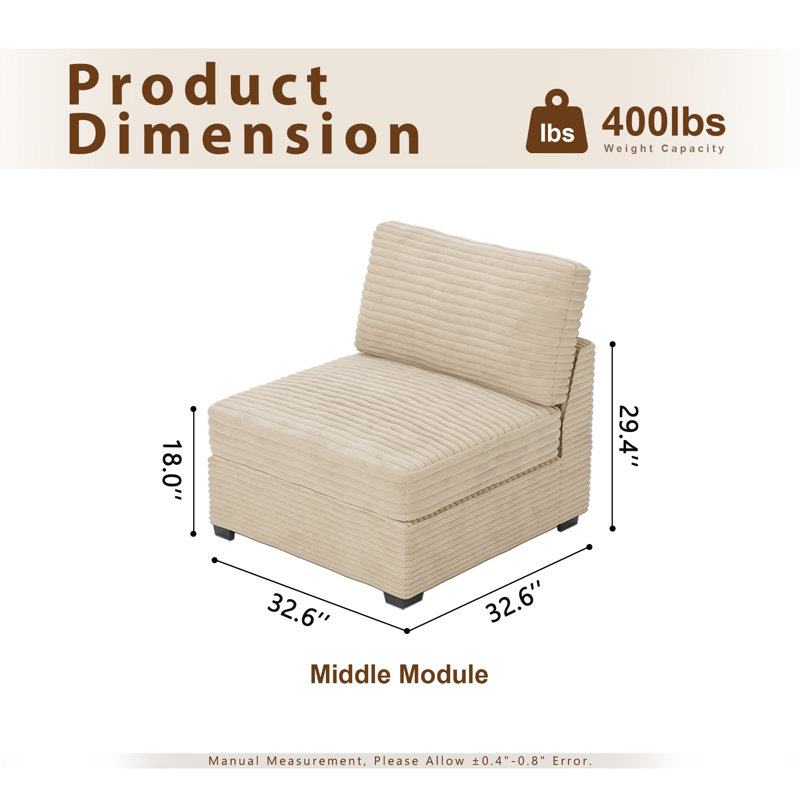  Cozza Middle Seat Module Armless Accent Chair For Modular Sectional Sofa Couch, Beige Faux Fur