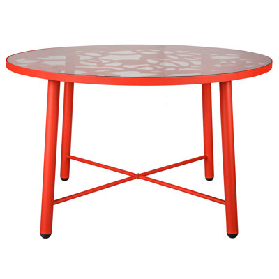 Rabia Round Patio Dining Table with Glass Top and Aluminum Base