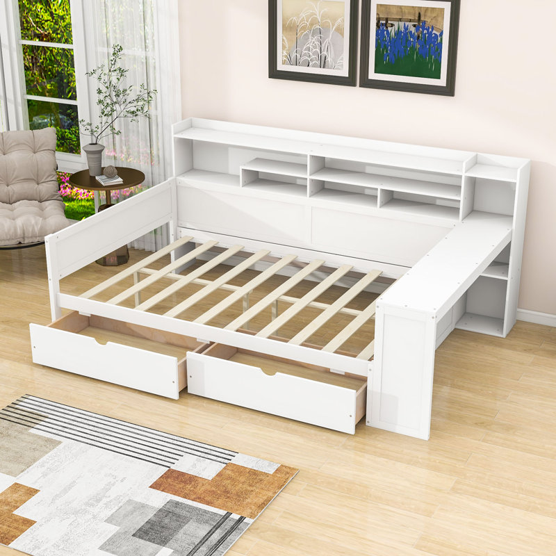 Wood Daybed with Storage Shelves,2 Storage Drawers and Study Desk, Full, Antique White