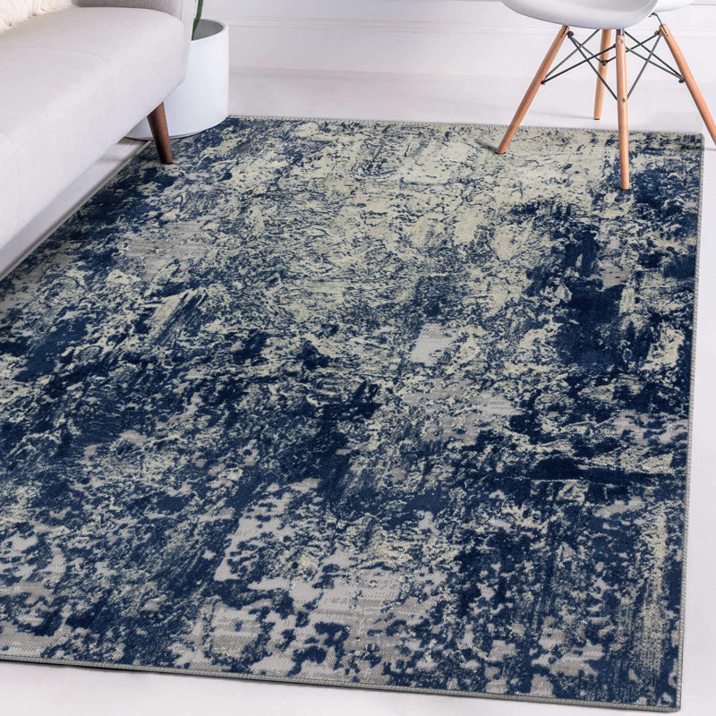 Tapis abstrait bleu / beige, Rectangle de 8 pi x 10 pi