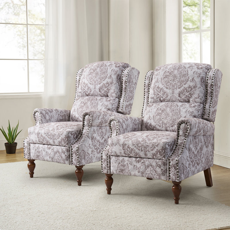 Ariany Floral Polyester Manual Reclining Chairs with Nailhead Trim (Set of 2), Beige Polyester