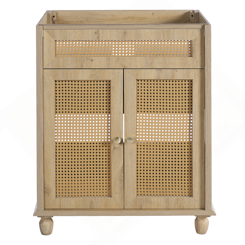 Meuble-lavabo avec portes en rotin tissé à la main, pieds en bois massif et lavabo en résine pour une mise à niveau naturelle et fonctionnelle de la salle de bain