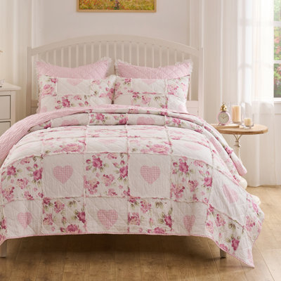 Ensemble de courtepointe 2 pièces Green Heart Home Fashions Veronica's Hearts Pink 68 x 88 + 20 x 26