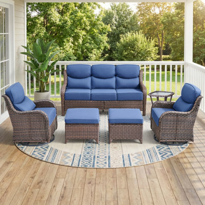 Abbey 5-Piece Wicker Patio Conversation Set With 6-Inch Luxury Cushions Swivel Chairs, Ottomans