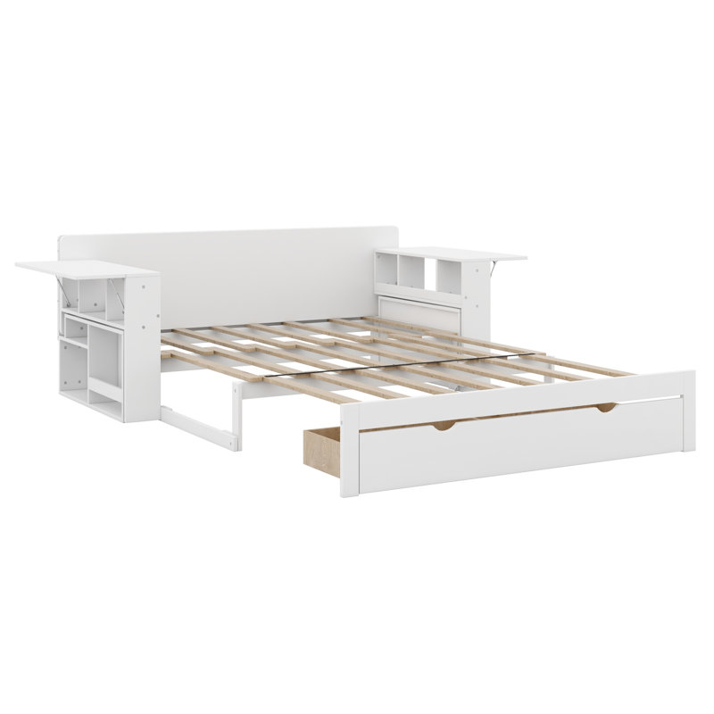 Lit de jour avec bureau amovible, tiroirs de rangement et table d'appoint hydraulique, Blanc