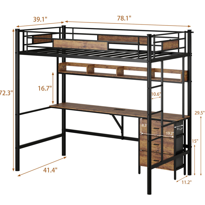 Lit mezzanine simple brun avec bureau en forme de L, emplacement de chargement, 3 tiroirs, système de rayonnage, garde-corps, structure en métal, espace de rangement insuffisant, espace de rangement sans sommier nécessaire et structure solide
