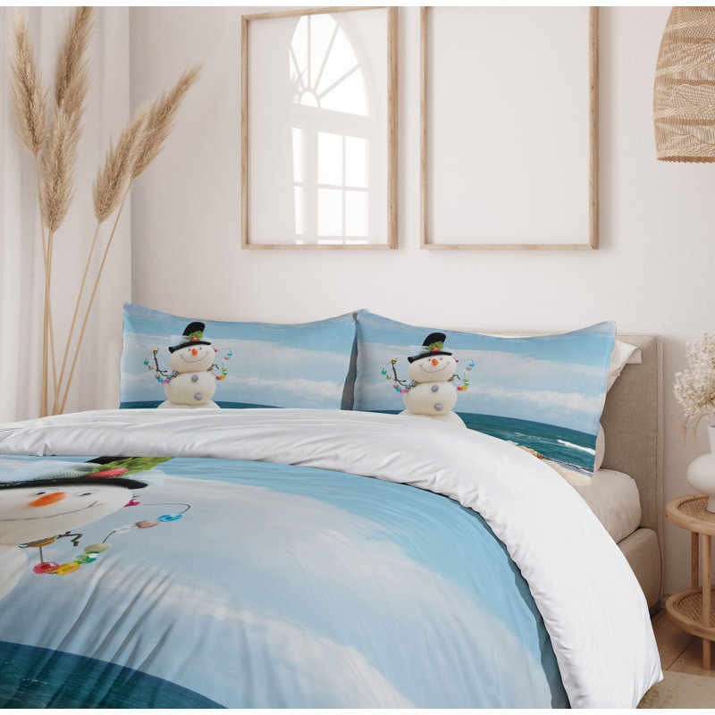 Snowman Coastal Beach Multicolor Queen Duvet Cover Set