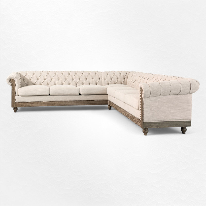 L-Shape 104.02" Wide Symmetrical Upholstered Sectional With Chesterfield Design & Solid Wood Legs, Beige