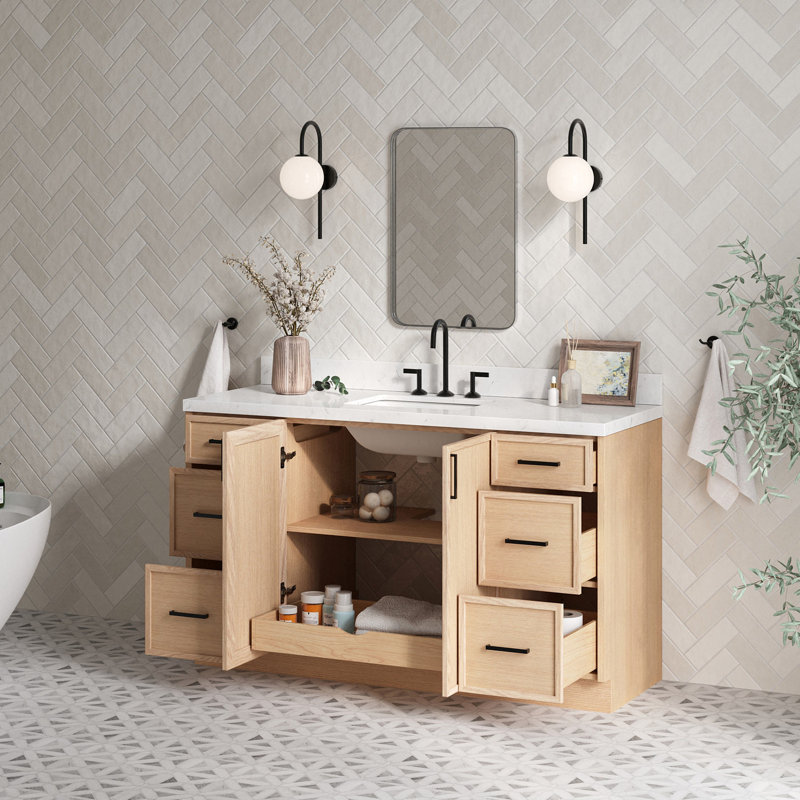 ARIEL Kelly  Single Sink Bathroom Vanity with Carrara Quartz Top, Oak, Rectangular, 60"