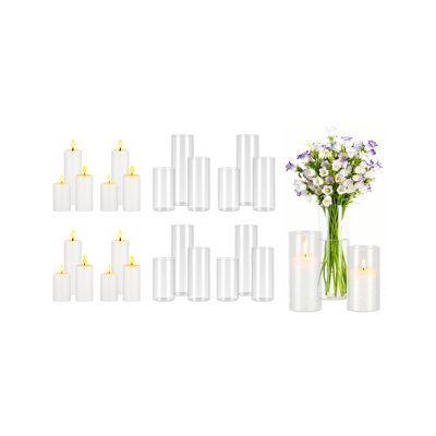 Pillar Candles and Glass Vases Set 24 Pcs, White (2.56" x 4.7", 5.9", 7.9"), Clear Cylinder Hurricane Candle Holders for Wedding Centerpieces, Tall Vase for Table Decor, Wedding Party, Thanksgiving