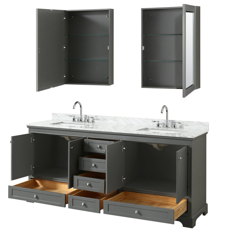 Ensemble de meuble-lavabo double 80 "avec miroir Deborah, Gris foncé, Chrome poli
