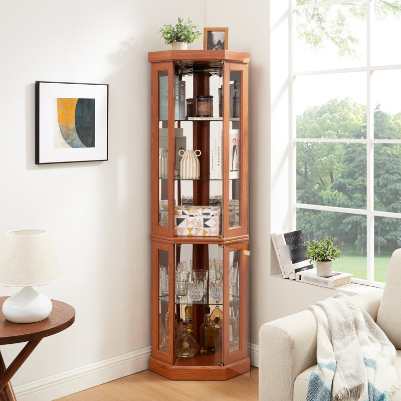 Lighted Corner Glass Cabinet, Dark Oak , Two - Section Design, Adjustable Shelving, Toppling, For Collectible Display In Living Room Unit, Suitable Cherry Or Inspired Spaces