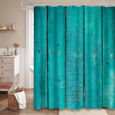 Teal Blue Rustic Barn Wood Wall Shower Curtain with 12 Hooks