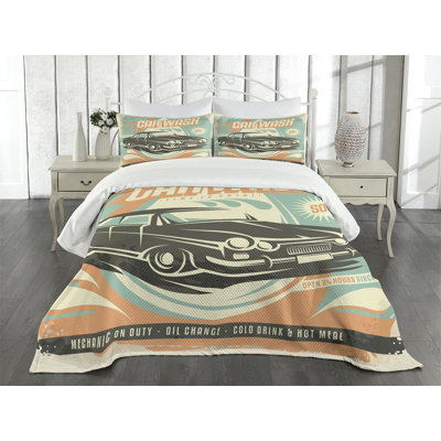 Ambesonne Cars Bedspread Retro Car Wash Poster Pale Orange Turquoise