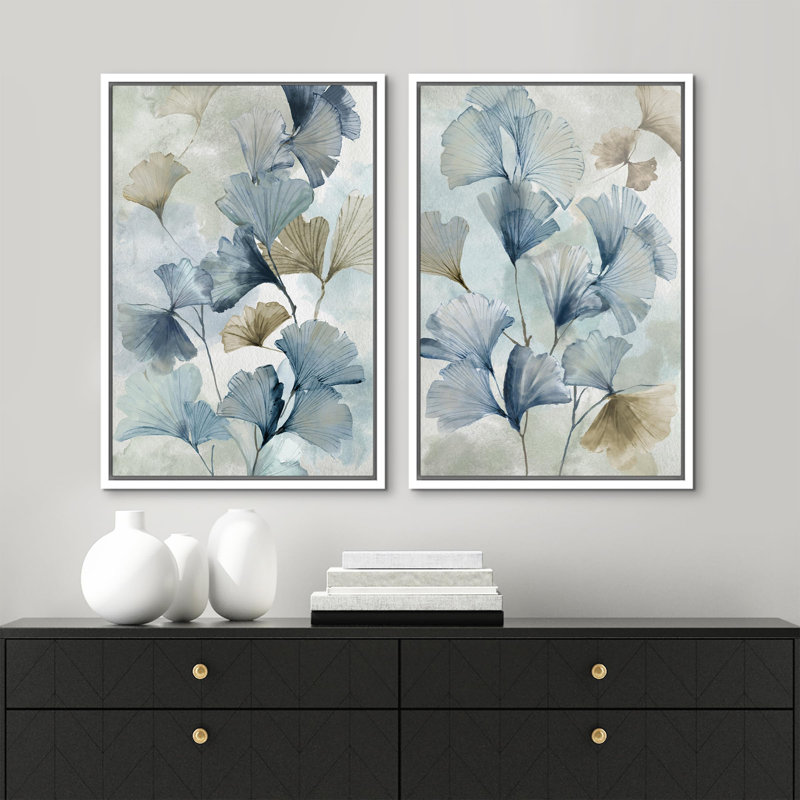 «Blue Ginkgo Leaves Minimalist Abstract Botanical Modern», ensemble de 2 reproductions d'art sur toile encadrées, Blanc