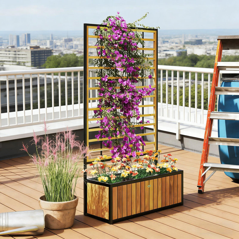 Lit de jardin surélevé en bois avec treillis, Teck