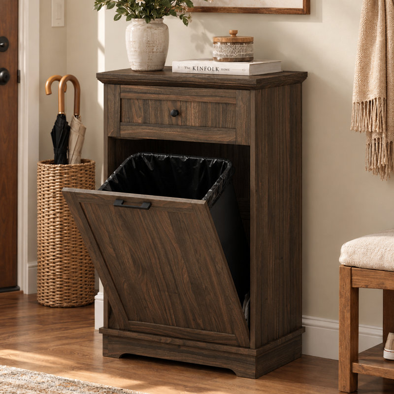 Meuble de poubelle basculant de style champêtre avec tiroir de rangement et support de poubelle dissimulé résistant aux animaux de compagnie pour la cuisine, la buanderie et le salon