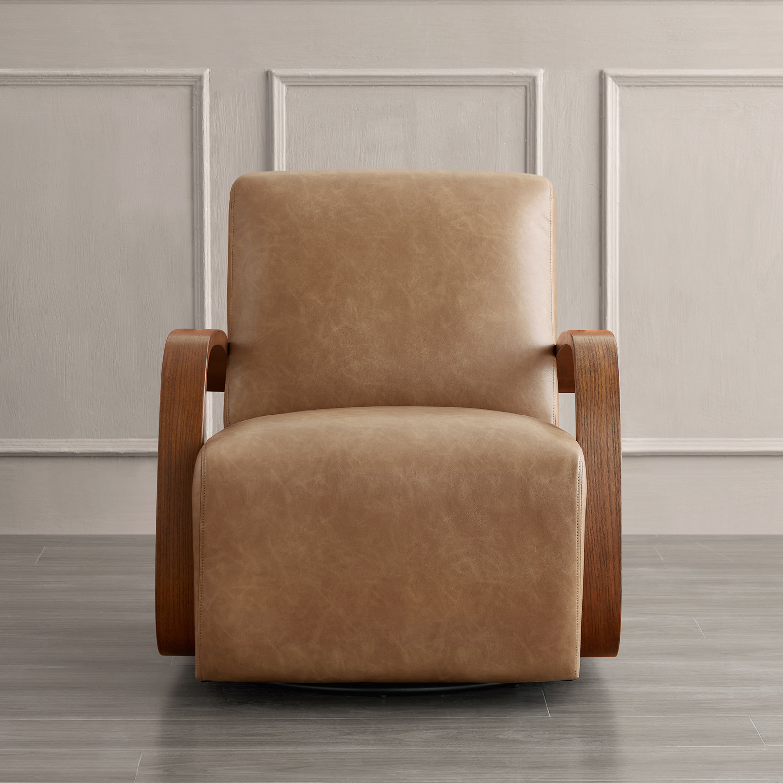 Oak Swivel Armchair, Hearth Walnut, Cognac Pebbled Vegan Leather
