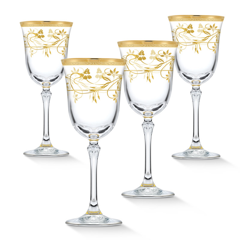 Rosalia Gold Floral Lead-Free Crystal Wine Glass Set of 4
