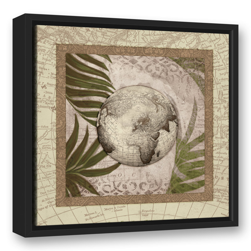 Globe sur palmiers, impression sur toile brune, H 17,75 po x l 17,75 po x P 1,75 po, Cadre flottant noir