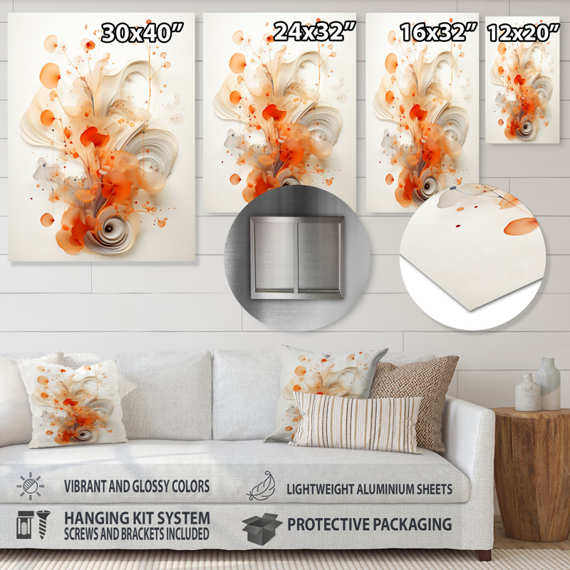 Orange et blanc en spirale symétrie IV - art mural géométrique en métal, H 20 po x l 12 po x P 1 po