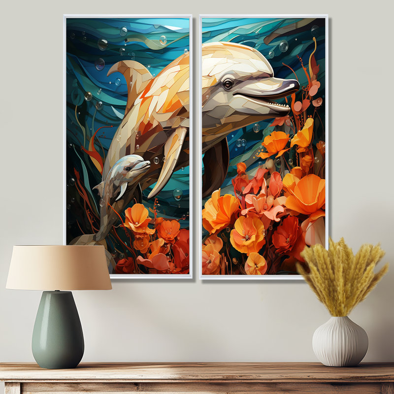 Ensemble de 2 décorations murales Dolphin Marine Symphony, Impression encadrée flottante sans passe-partout, Blanc