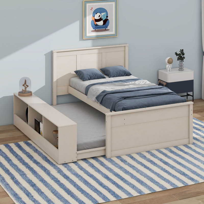 Lit plateforme en bois avec lit gigogne escamotable, cadre de lit avec espace de rangement ouvert latéral intégré, Lit simple