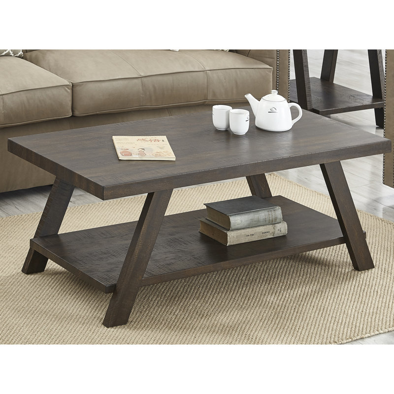 Table basse contemporaine contemporaine en bois rectangulaire avec rangement sous la table patiné avec pattes évasées