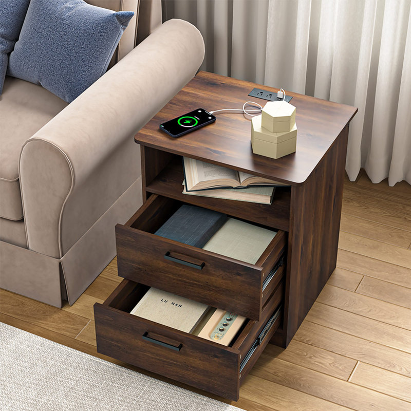 2 Drawers Nightstand With Charging Station, Brown
