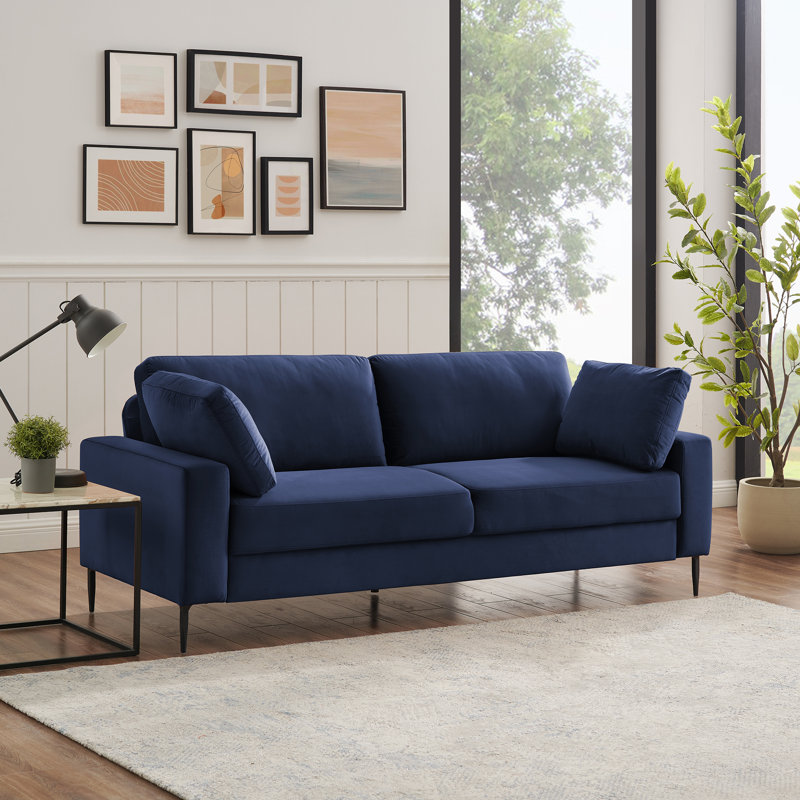 Jeses 84.3" W Square Arms Sofa with Metal Legs and Button Tufting , Dark Blue Velvet