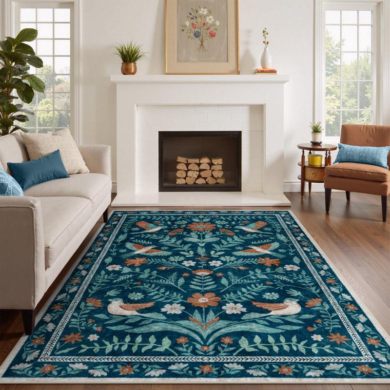 Tapis à motif floral antidérapant Boho, Rectangle 5 pi x 7 pi