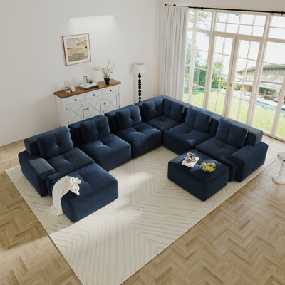 Canapé modulaire modulaire pour le salon, canapé d'angle à 6 places, grand canapé confortable en forme de V en velours côtelé avec 2 repose-pieds mobiles, passepoil perlé, conception capitonnée, sans assemblage, conception antidérapante, bleu
