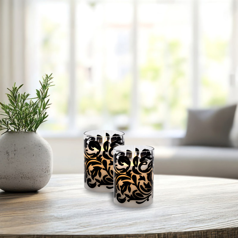 Battery Operated LED Glass Candles with Flickering Flame, Baroque Swirl - 2 Piece, Black