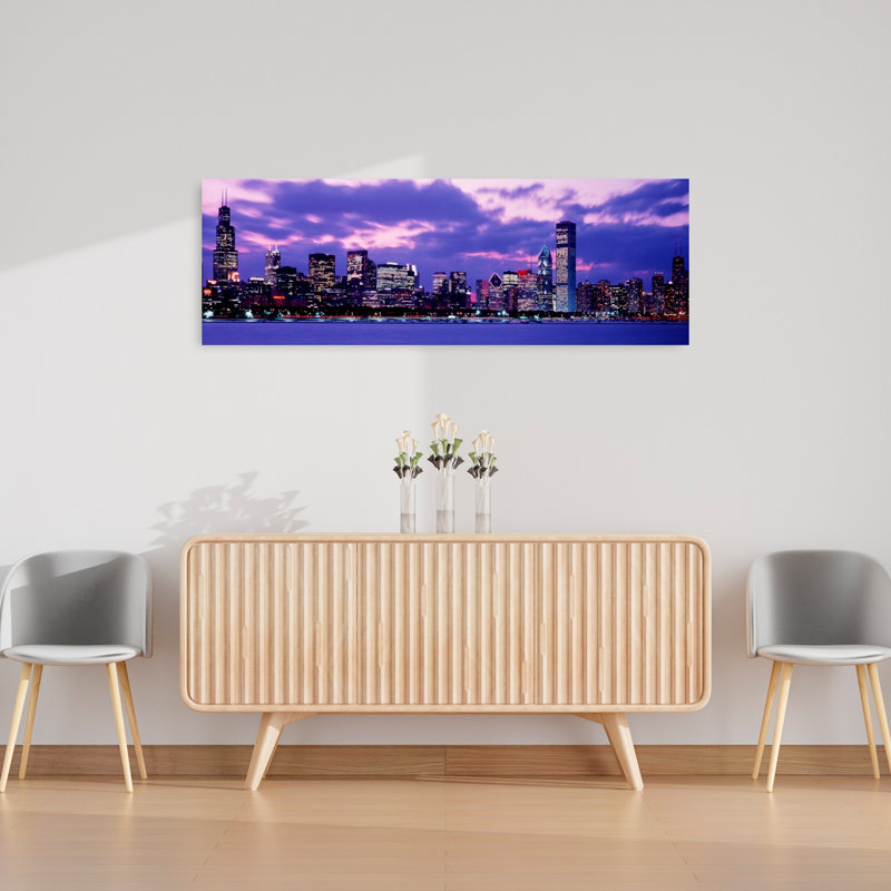 Coucher de soleil, Chicago, ville contemporaine abstraite, art mural, H 16 po x l 48 po