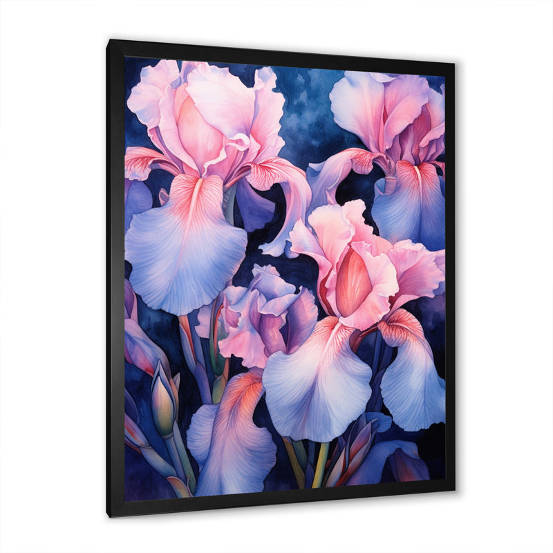 «Pink Blue Iris Petals I», reproduction sur toile, Cadre simple noir, H 40 po x l 30 po x P 1,5 po
