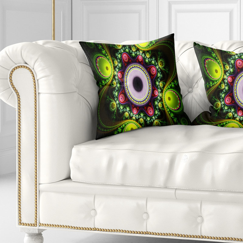 Motif vert sur fond noir avec cercles - imprimé abstrait, 16 po x 16 po, Coussin décoratif