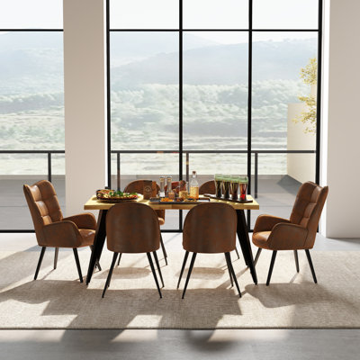 Shivani Elegant 7-Piece Dining Table Set 63" Live Edge Dining Table with Upholstered Chairs for Kitchen Dining Room
