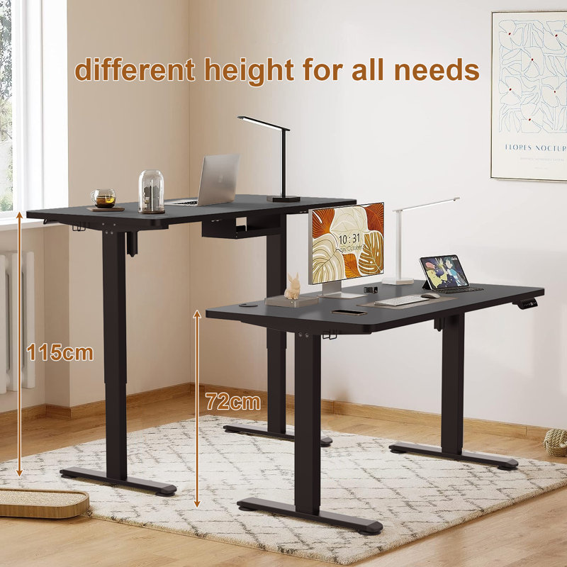 Height Adjustable T-Shaped Computer Desk Electric Standing Desk with USB Charging, Black, 115cm H x 180cm W x 80cm D, Black