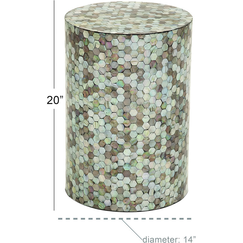 Handmade Mother Of Pearl Shell Geometric Mosaic Accent Table, Contemporary Side End Table