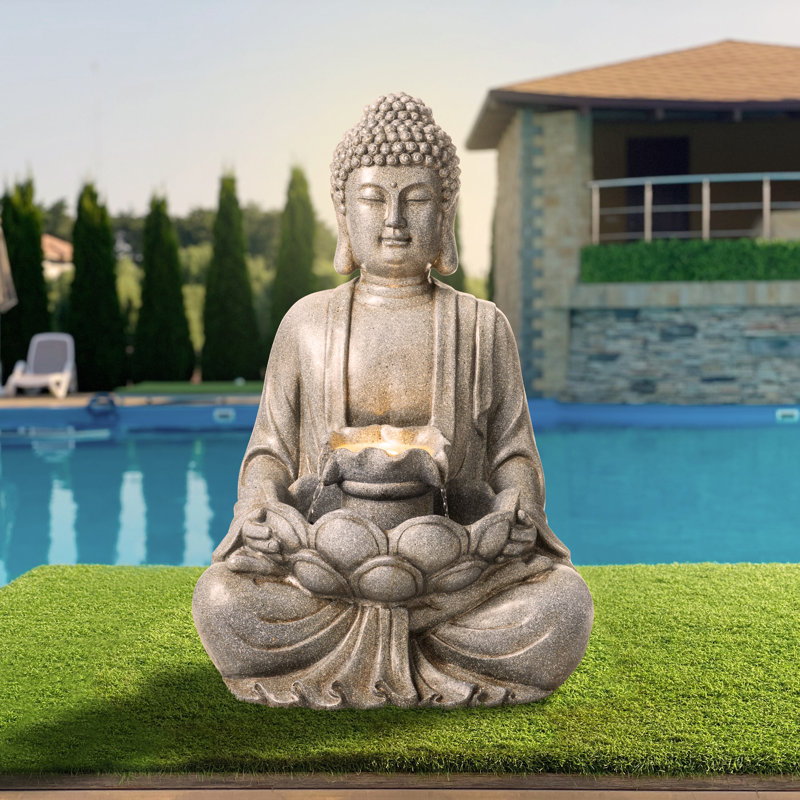 28.25"H Zen Style Concrete Meditating Buddha Statue Polyresin Outdoor Fountain With Pump And LED Light (KD)