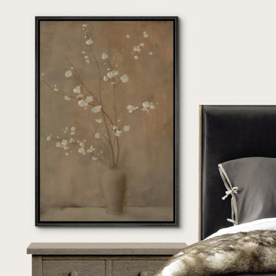 Bottled Plant Vintage Minimalist Floral in Vase Artwork, Elegant Neutral Blossom, Japanese Asian Style Style Nature Botanical Living Room Pictures, Giclee Canvas Digital Print Framed Wall Art
