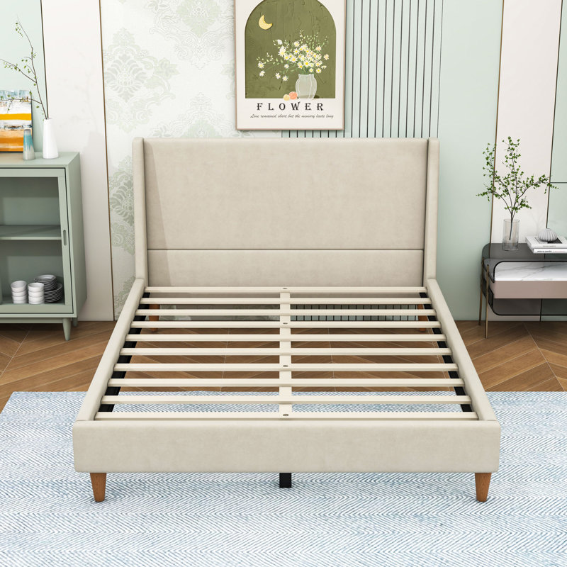 Lit plateforme tapissier avec structure en bois, Grand