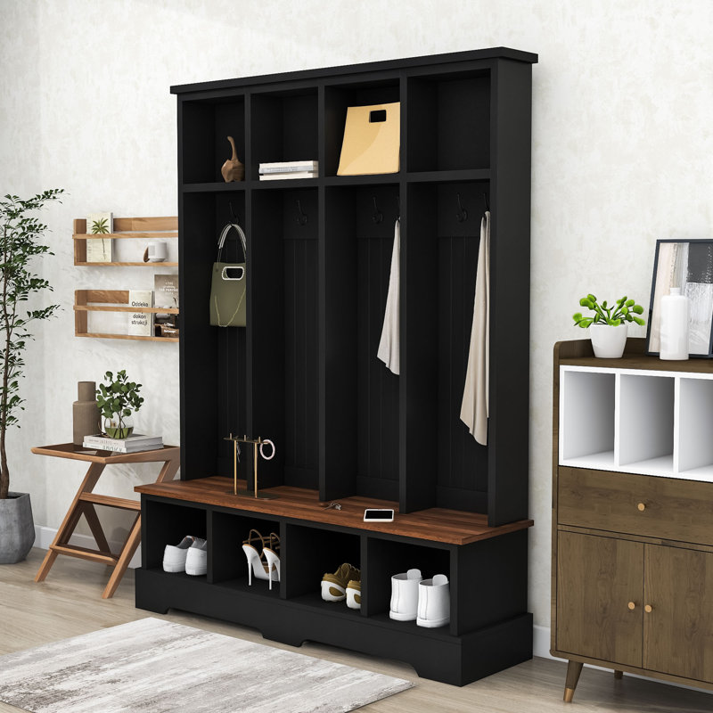 Hall Tree with 8 Hooks and Open Compartments, Black