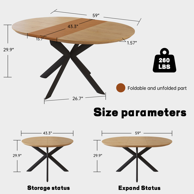59 po Table de salle à manger en chêne extensible Mid-Century moderne pour 4-6 personnes avec pieds en acier au carbone 