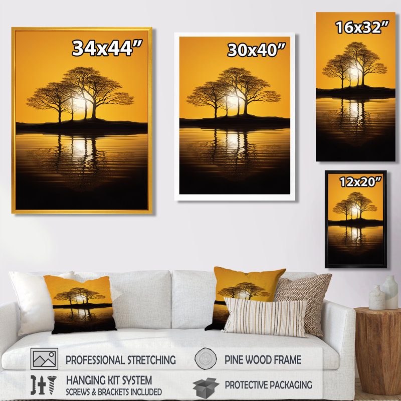 Coucher de soleil jaune à travers des silhouettes d'arbre noir - Art mural chêne, Toile tendue, H 40 po x l 30 po x P 1,5 po