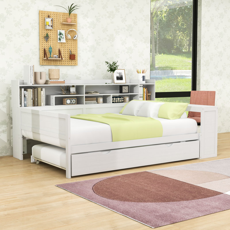 Daybed with Twin Trundle, Shelves, Desk and Slats, Antique White, Full / Double