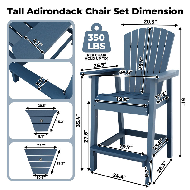Set of 2 Adirondack Bar Height Chairs HDPE Outdoor Patio Chairs with Footrest and Removable Tray for Deck Garden Fire Pit